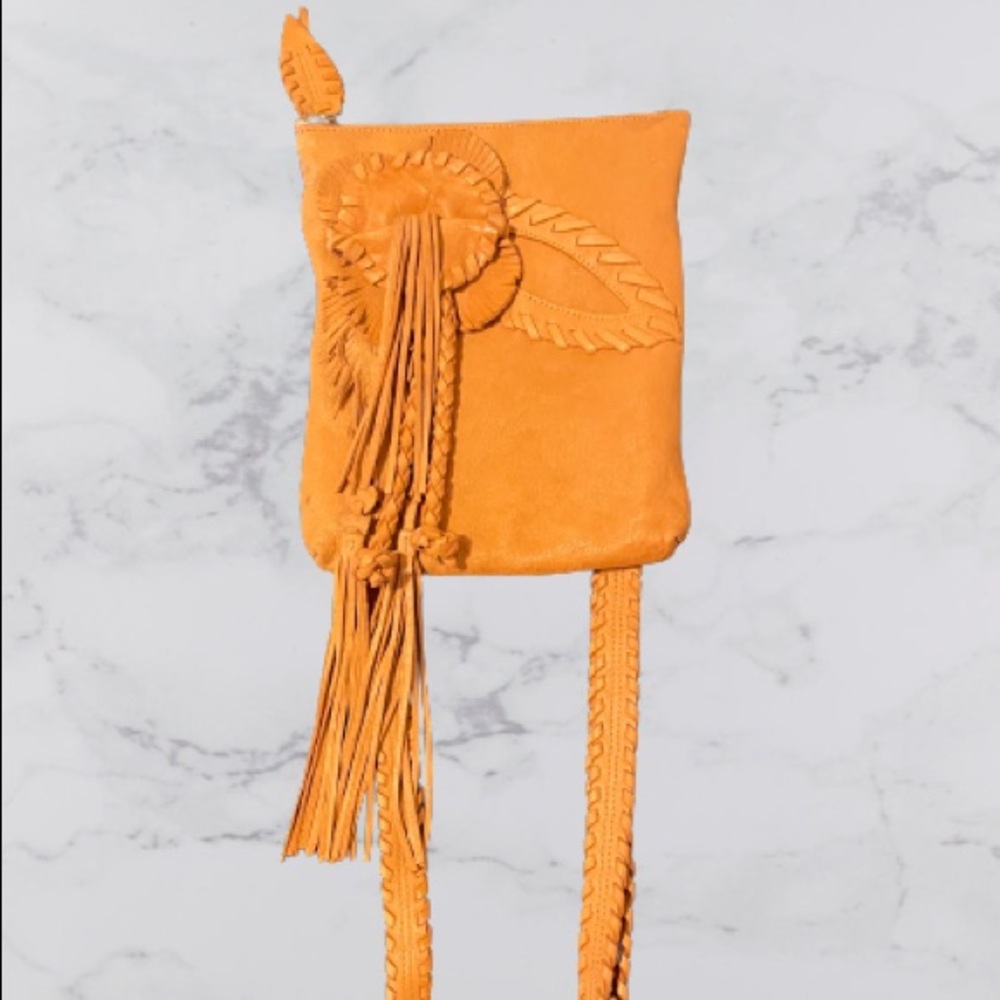 •Nordstrom Shoulder Bag • Genuine Leather • | Tan | • Floral & Fringe Applique •